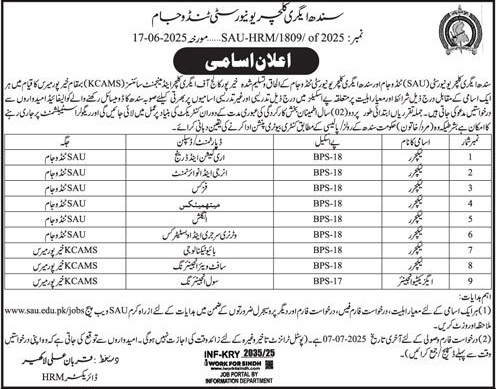 Teaching Jobs in Sindh Agriculture University Tandojam